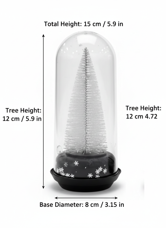 Christmas Snow Globe with White Pine Tree, Glass Dome Display, Black Base with Snowflake Pattern, Winter Holiday Decor