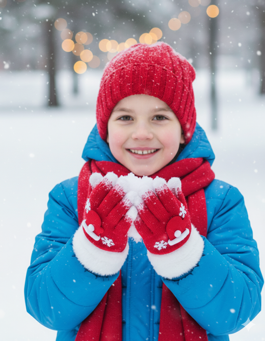 Winter Kids Gloves | Red and White Fleece-Lined | Ultra-Soft Knit Material | Snowflake Design