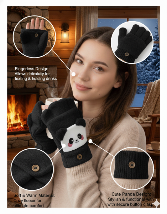 Cute Winter Fingerless Gloves, Pink Knit Half Gloves with Kawaii Animal Face Design, Warm Winter Accessories.