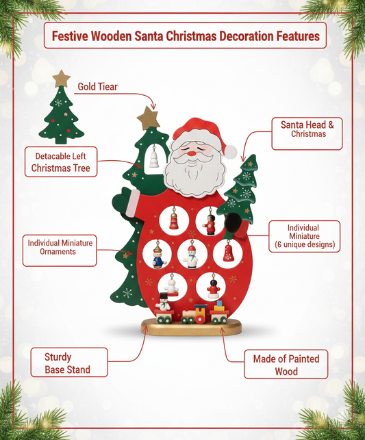 Wooden Christmas Ornament Display Stand, Santa and Snowman Design with Train, Holiday Decorative Tabletop Decor, Mini Ornaments and Bells, Red and Green