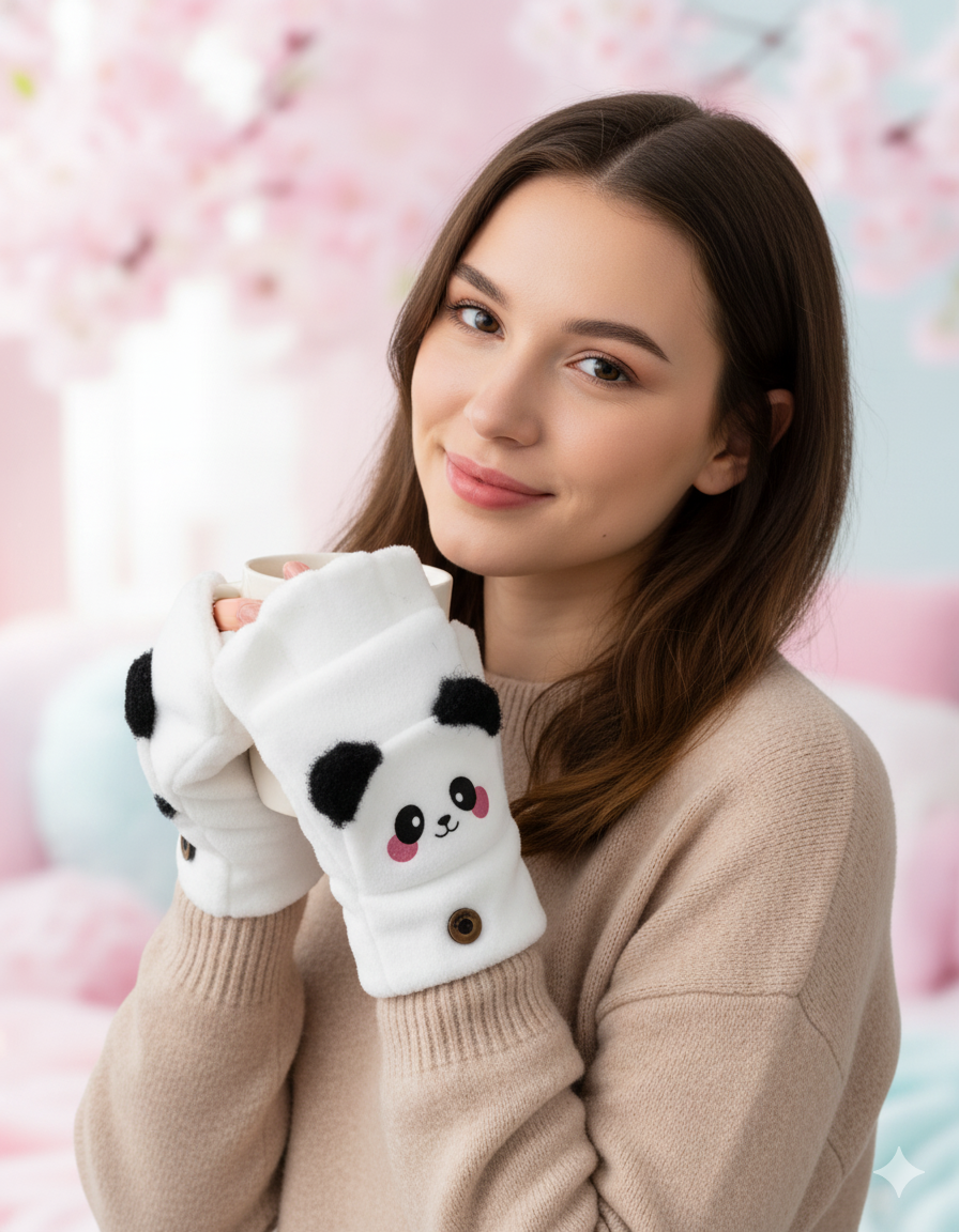 Cute Winter Fingerless Gloves, Pink Knit Half Gloves with Kawaii Animal Face Design, Warm Winter Accessories.