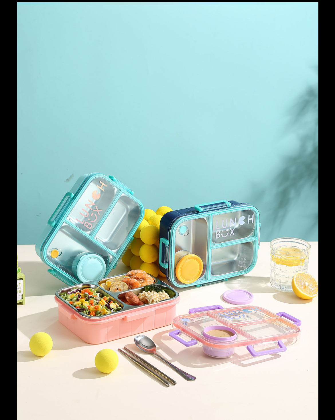 Kids Stainless Steel Lunch Box (2-Compartment) with Cartoon Lid and Cutlery