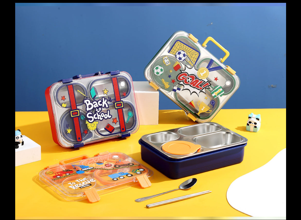 Cartoon Kids Stainless Steel Bento Lunch Box (4-Compartment) with Suitcase Handle