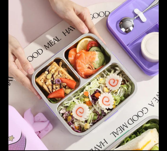 Mermaid Cartoon Square Kids Lunch Box, 3-Compartment with Sauce Container