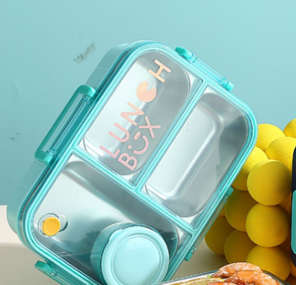 Kids Stainless Steel Lunch Box (3-Compartment) with Cartoon Lid and Cutlery