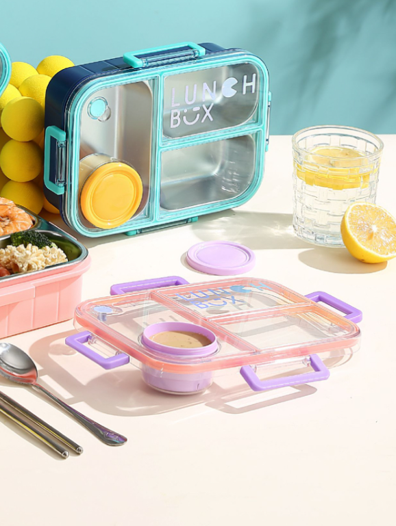 Kids Stainless Steel Lunch Box (2-Compartment) with Cartoon Lid and Cutlery