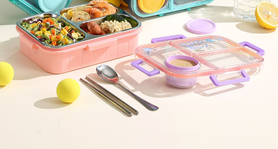 Kids Stainless Steel Lunch Box (2-Compartment) with Cartoon Lid and Cutlery