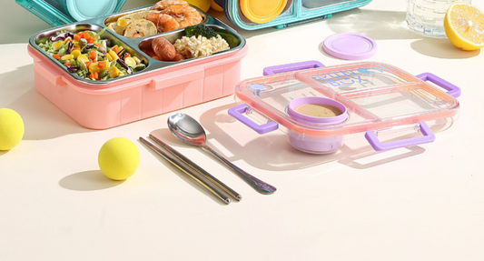 Kids Stainless Steel Lunch Box (3-Compartment) with Cartoon Lid and Cutlery