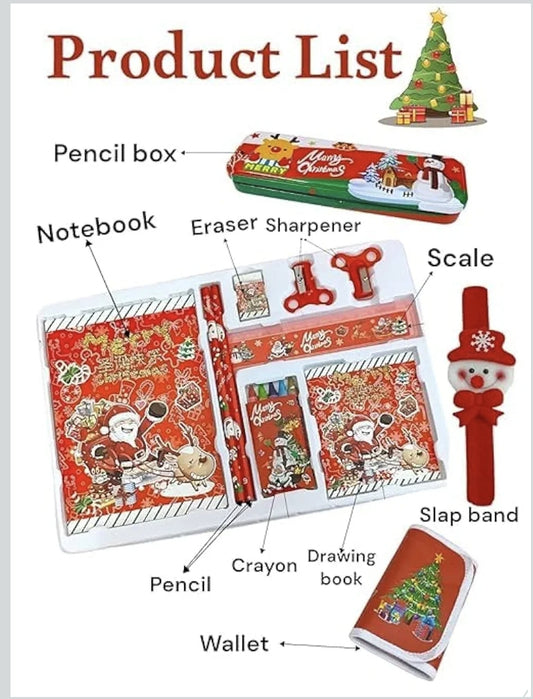 KATTY MAO My First Best Friend Christmas Stationery Gift Set with Notebook, Pencil Box, Crayon, Scale, Drawing Book, Wallet, Slap Band, Red