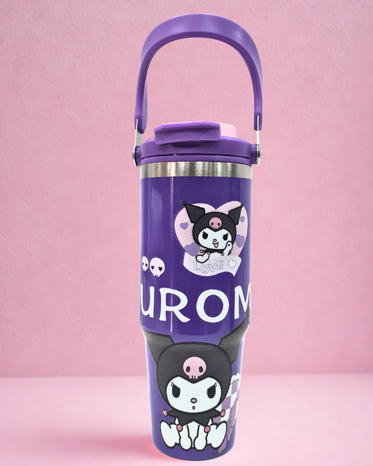 900ML Insulated Travel Tumbler with Handle, Pink Cartoon Design, Stainless Steel Water Bottle