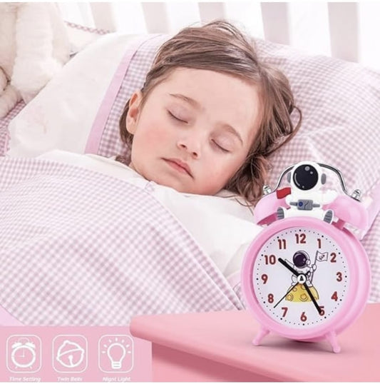 Pink Astronaut Theme Twin Bell Analog Alarm Clock with Night Light