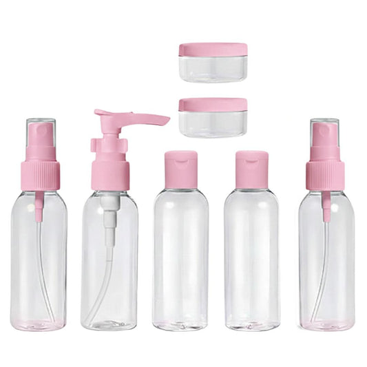 Travel Bottles Set, Clear Plastic, 7 Pieces, Spray Bottles, Lotion Pump, Flip Cap, Cream Jars, TSA Approved, Refillable Containers with Zipper Bag