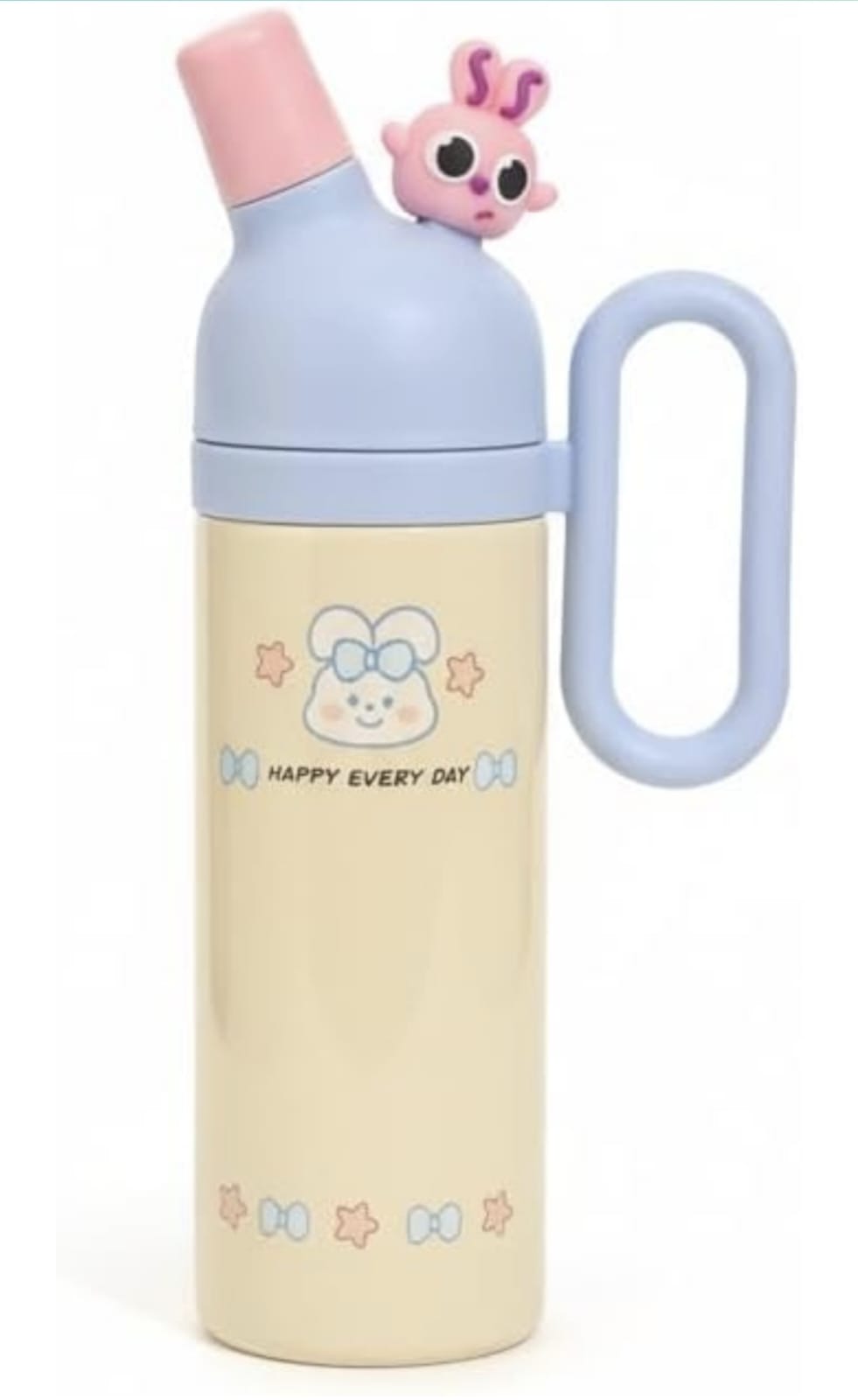 Cute Cartoon Vacuum Cup, 500ml Insulated Water Bottle with Handle, Pastel Blue and Yellow Design, Happy Every Day Theme.