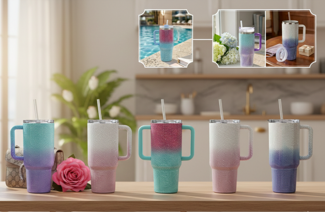 Vacuum|Travel Mug| Encrusted Rhinestone Tumbler| Sipper Lid | Integrated Carry Handle