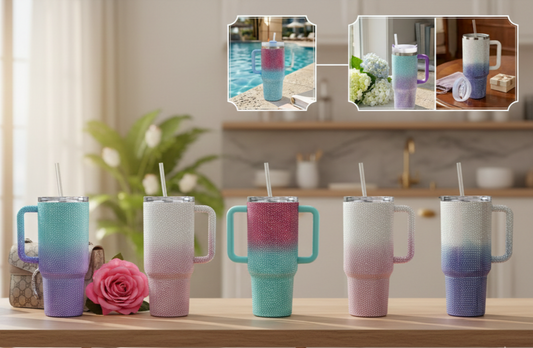 Vacuum|Travel Mug| Encrusted Rhinestone Tumbler| Sipper Lid | Integrated Carry Handle