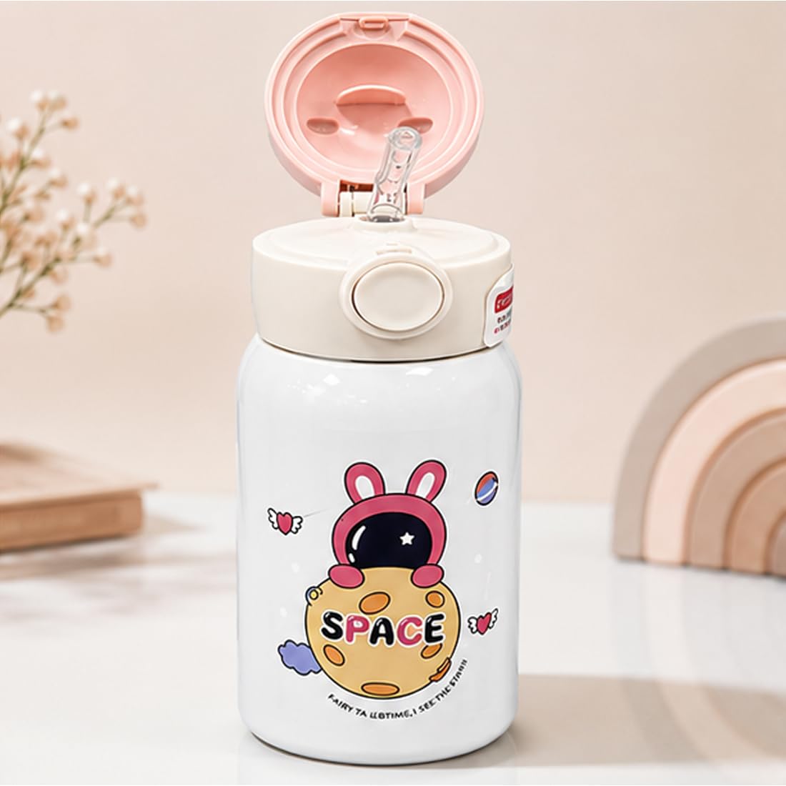 Katty Mao Kids Water Bottle for School, 500 ml Blue Astronaut Space Bottle, BPA Free, Leak Proof & Spill Proof, Carry Loop, Wide Mouth Sipper Bottle