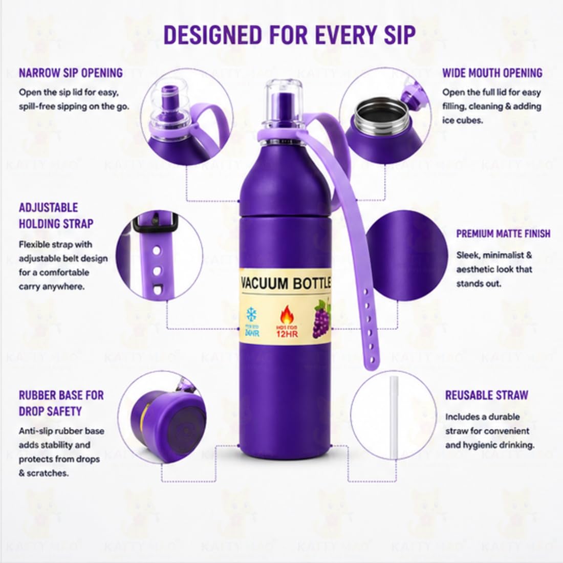 Katty Mao Healthy Life Tumbler with Straw 710 ml, Leak Proof Water Bottle, Sipper Tumbler with Carry Strap, Wide Mouth Travel Mug, Off White Reusable Bottle with Shock Proof Base Cover