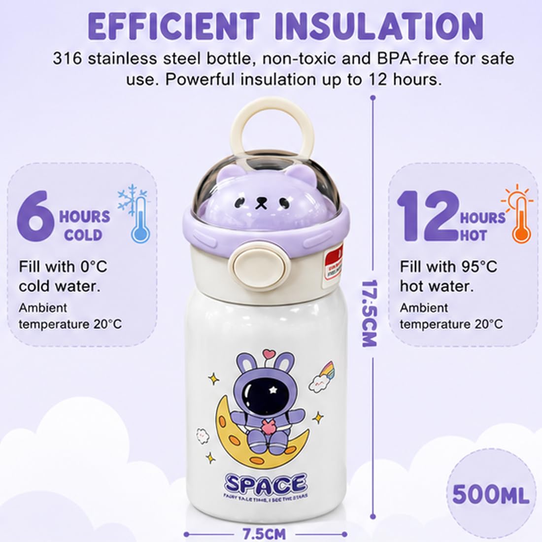 Katty Mao Kids Water Bottle for School, 500 ml Blue Astronaut Space Bottle, BPA Free, Leak Proof & Spill Proof, Carry Loop, Wide Mouth Sipper Bottle