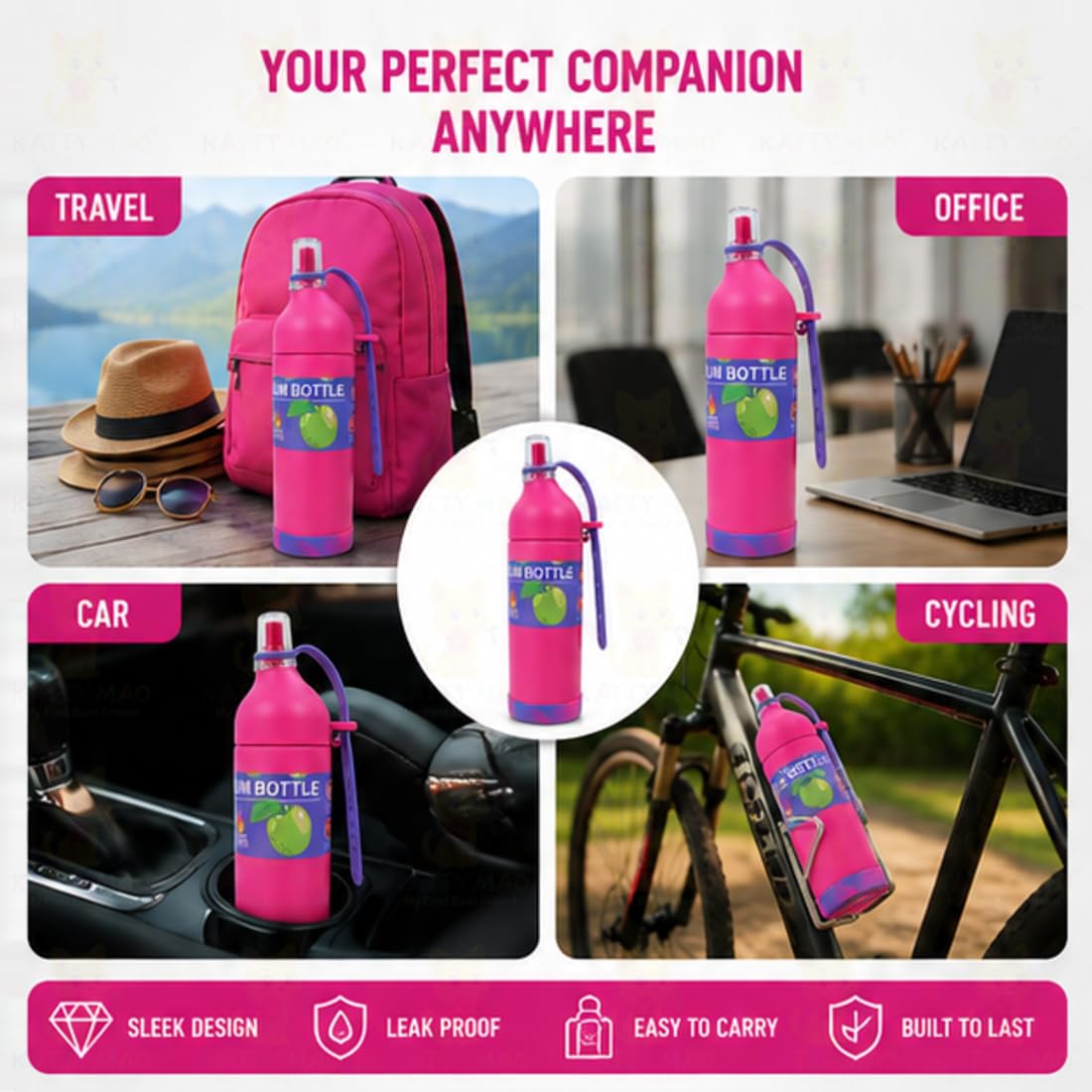 Katty Mao Healthy Life Tumbler with Straw 710 ml, Leak Proof Water Bottle, Sipper Tumbler with Carry Strap, Wide Mouth Travel Mug, Off White Reusable Bottle with Shock Proof Base Cover