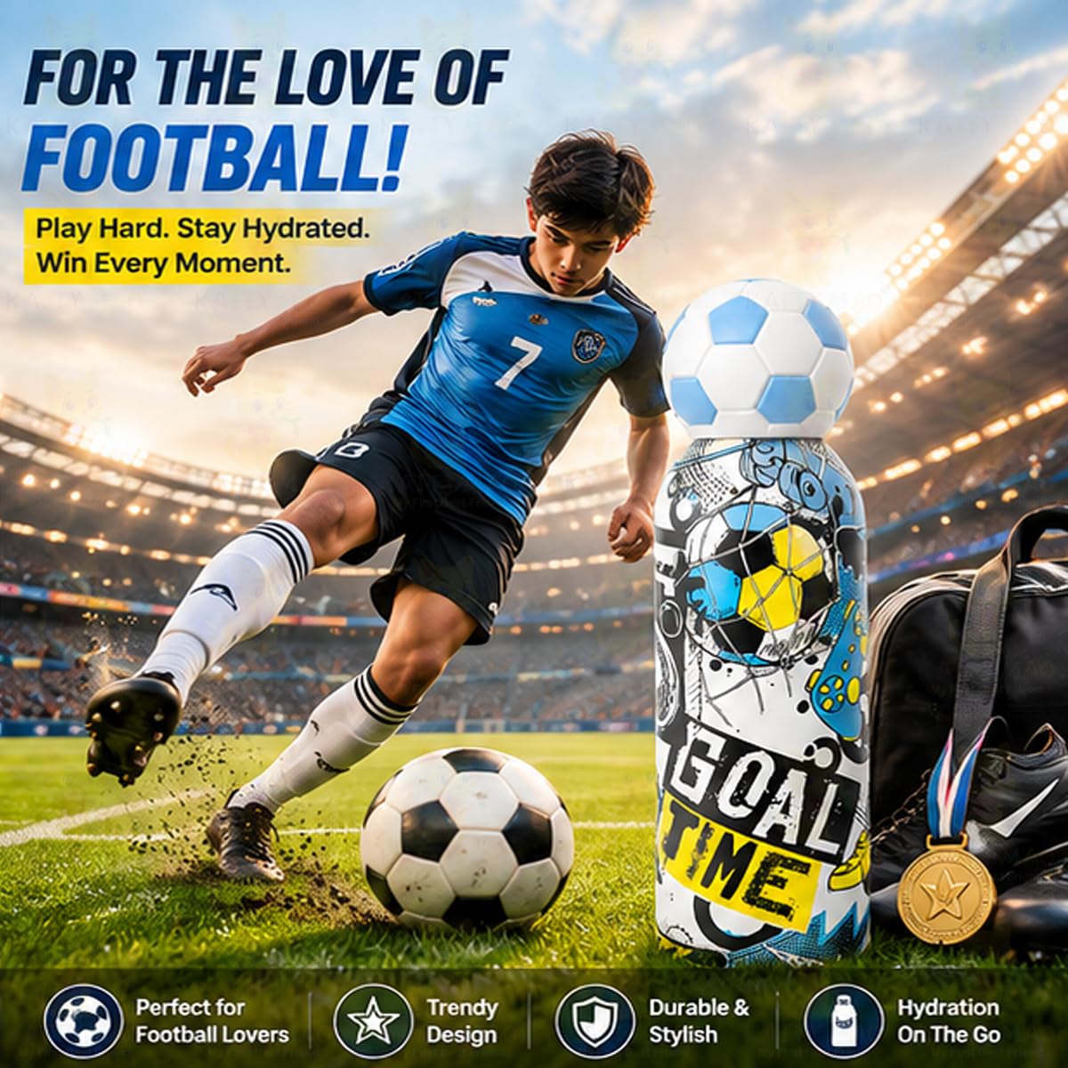 Katty Mao Football Water Bottle 500 ml, Sports Water Bottle, BPA Free Water Bottle for Kids, Teens & Adults, Water Bottle for Travel, School, Gym & Daily Use, Screw Cap