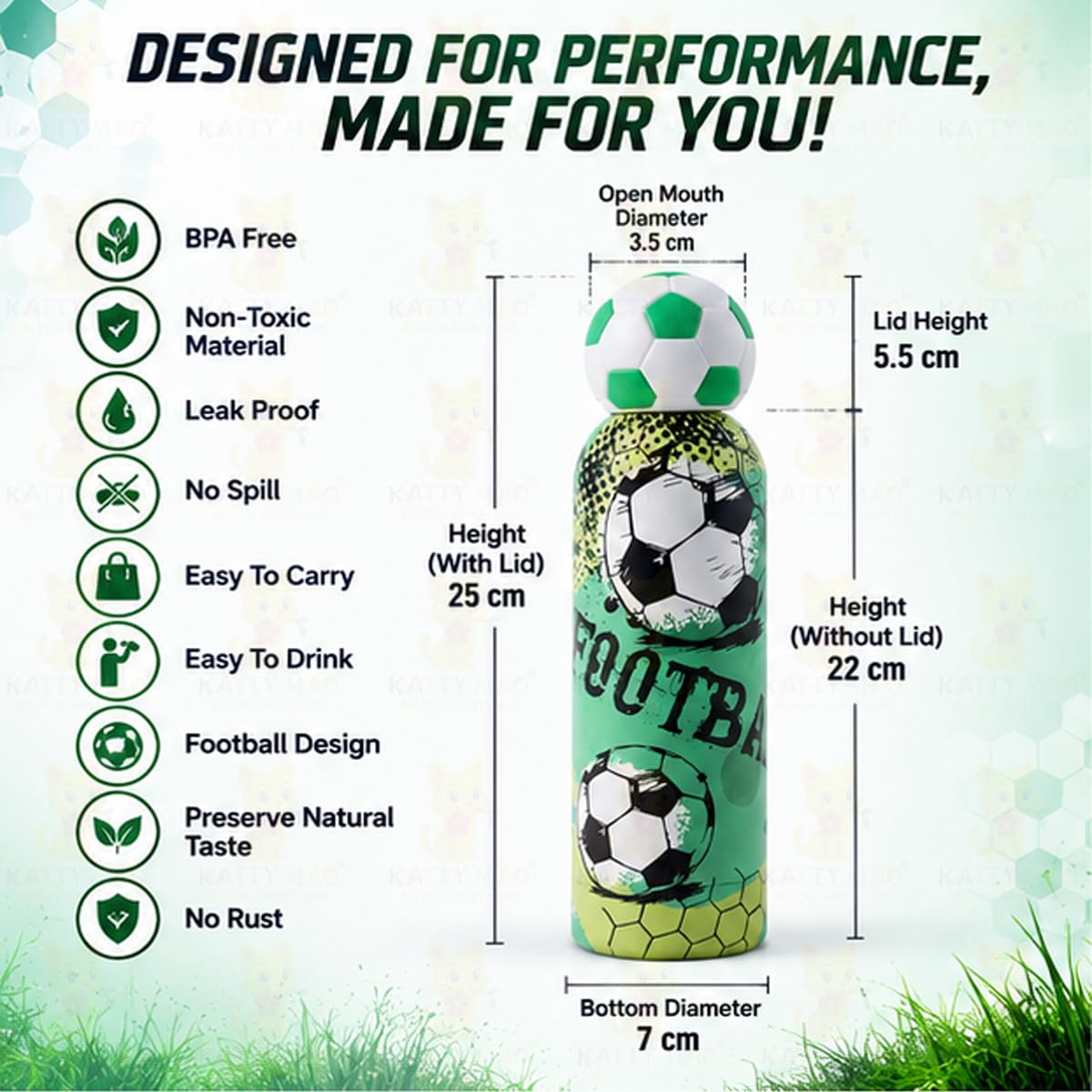 Katty Mao Football Water Bottle 500 ml, Sports Water Bottle, BPA Free Water Bottle for Kids, Teens & Adults, Water Bottle for Travel, School, Gym & Daily Use, Screw Cap
