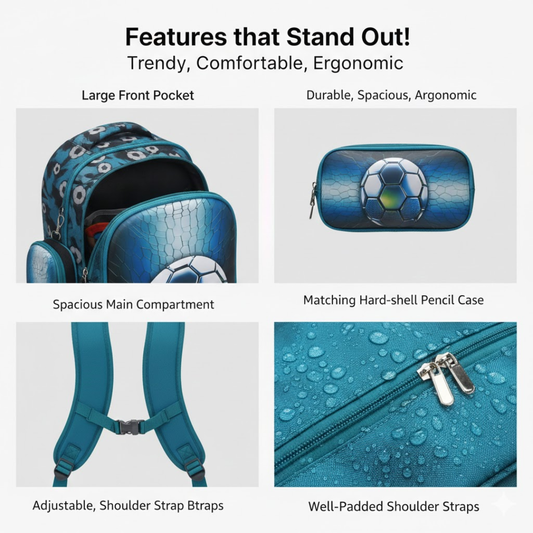 Football theme Backpack | Lightweight | 3D Print | Bag with Zipper | Pencil case