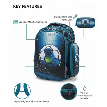 Football theme Backpack | Lightweight | 3D Print | Bag with Zipper | Pencil case