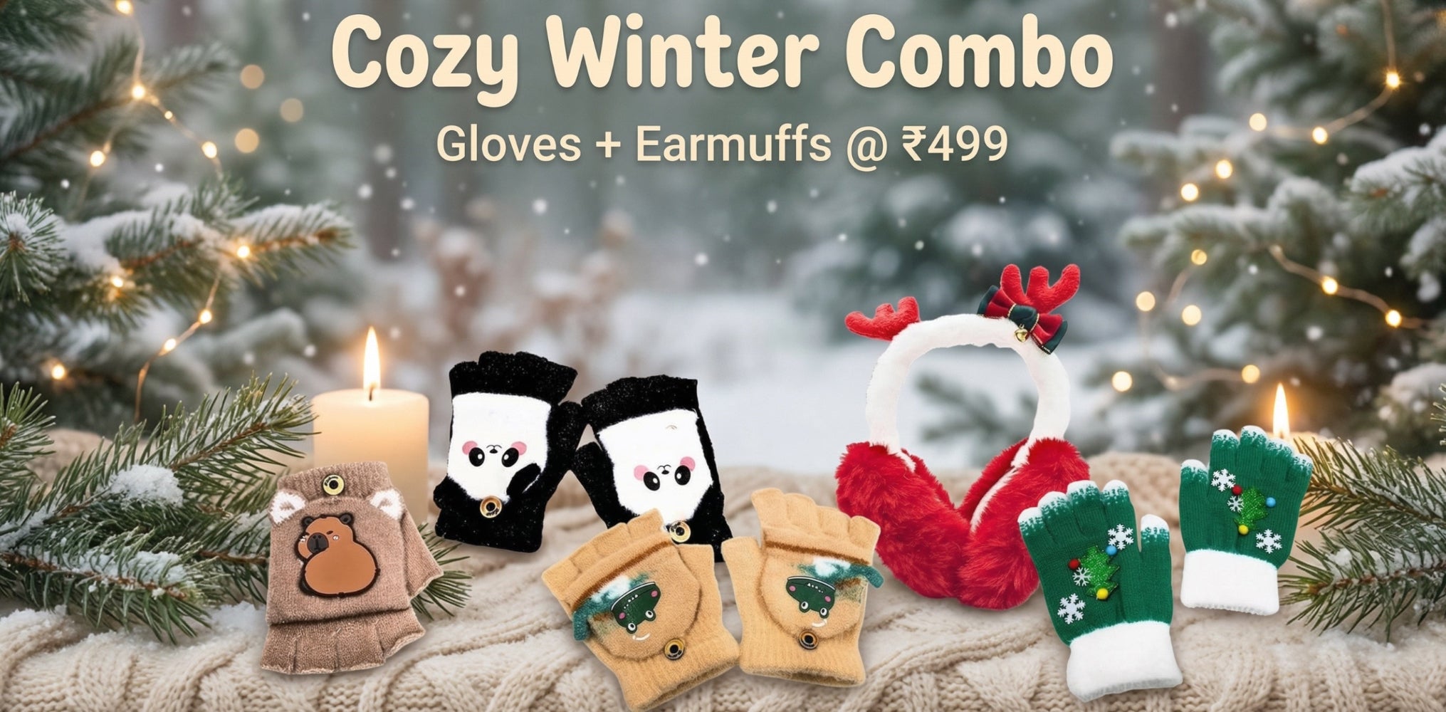 Winter accessories including gloves and earmuffs with a festive background.