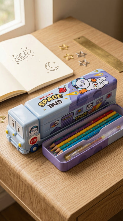 Bus Shape Pencil Box School Bus Metal Geometry Box for Kids Magic Bus with Moving Tyres with 3 Compartments Moving Tyre's & Sharpener Geometry Case for Boys & Girls.