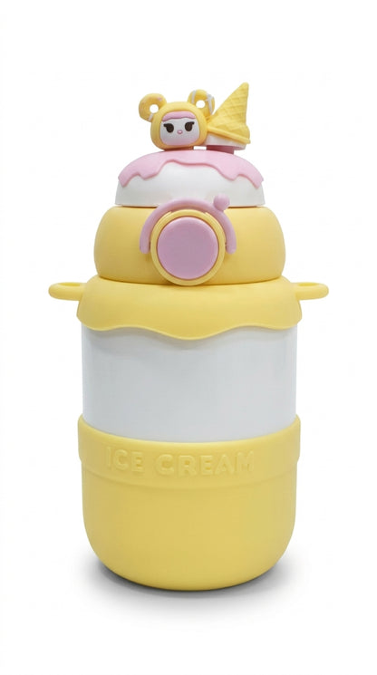 Ice Cream Shaped Water Bottle, Yellow and Pink, Cute Character Design, Kids Drinkware | 550 ML
