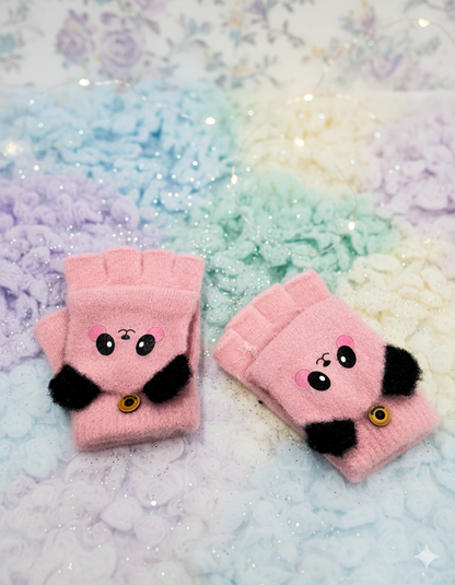 Cute Winter Fingerless Gloves, Pink Knit Half Gloves with Kawaii Animal Face Design, Warm Winter Accessories.
