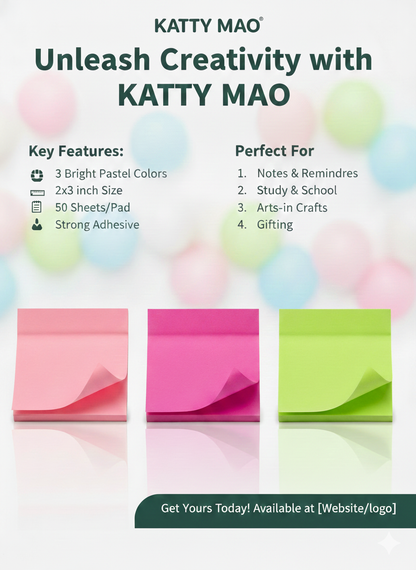 Sticky Notes Set| 3 Bright Pastel Colors| 3x3 Inch | 50 Sheets Per Pad| Strong Adhesive| Perfect for Study| School|Arts and Crafts