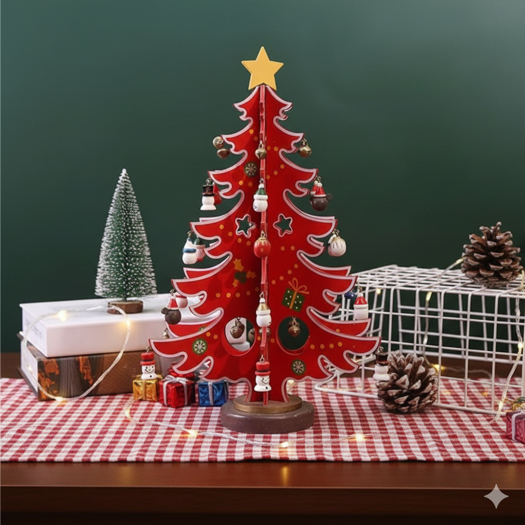 Wooden Christmas Tree Tabletop Decoration, Red and Green Mini Ornaments, Holiday Desktop Display with Star Topper and Snowman Decorations, Traditional Winter Home Decor