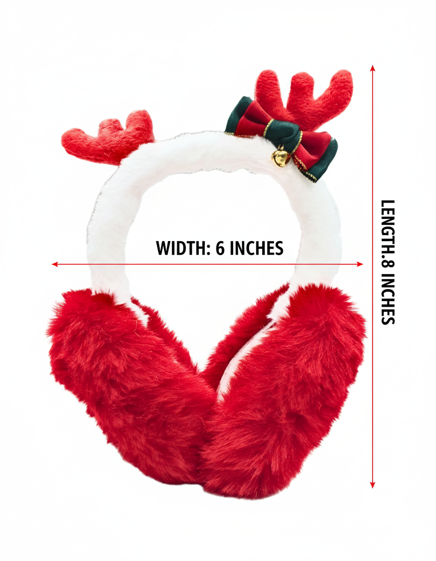 Christmas Reindeer Ear Warmers, Plush WHITE Winter Earmuffs with Festive Bow and Bell, 6 Inches Wide BY KATTY MAO. (WHITE)
