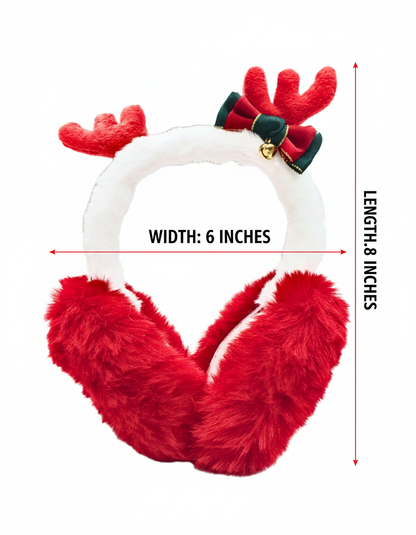 Christmas Reindeer Ear Warmers, Plush WHITE Winter Earmuffs with Festive Bow and Bell, 6 Inches Wide BY KATTY MAO. (WHITE)