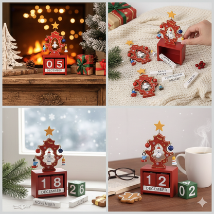 Wooden Christmas Tree Calendar with Ornaments, Perpetual Desktop Date Display, (RED)