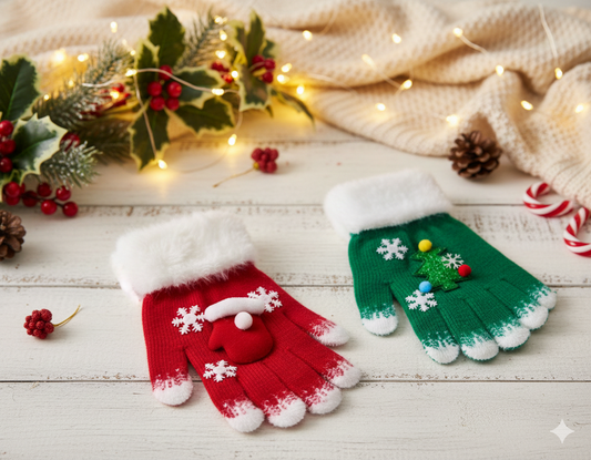 Winter Kids Gloves | Red and White Fleece-Lined | Ultra-Soft Knit Material | Snowflake Design