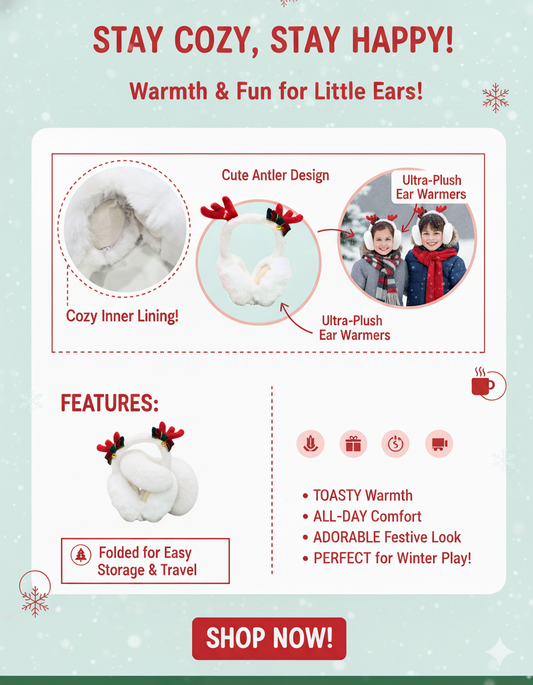 Christmas Reindeer Ear Warmers, Plush WHITE Winter Earmuffs with Festive Bow and Bell, 6 Inches Wide BY KATTY MAO. (WHITE)