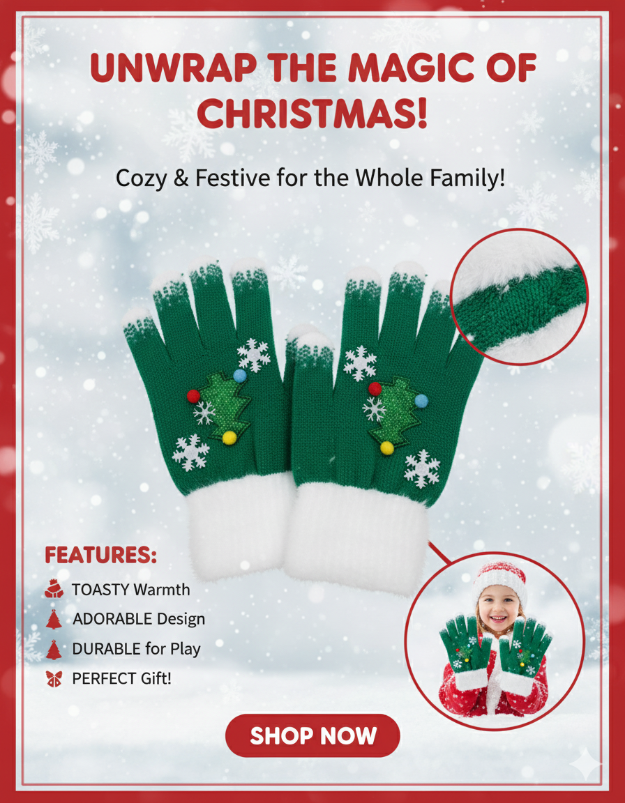 family: KATTY MAO My First Best Friend Winter Kids Gloves, Red and White Fleece-Lined, Ultra-Soft Knit Material, Snowflake Design, Perfect for Holiday Season and Cold Weather.