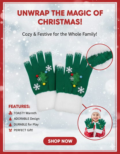 family: KATTY MAO My First Best Friend Winter Kids Gloves, Red and White Fleece-Lined, Ultra-Soft Knit Material, Snowflake Design, Perfect for Holiday Season and Cold Weather.