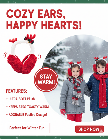 Christmas Reindeer Ear Warmers, Plush WHITE Winter Earmuffs with Festive Bow and Bell, 6 Inches Wide BY KATTY MAO. (WHITE)