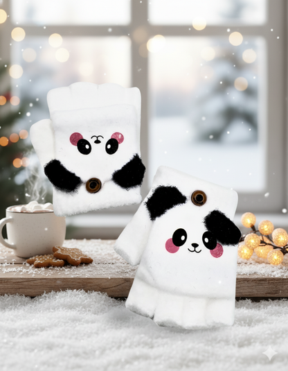 Cute Winter Fingerless Gloves, Pink Knit Half Gloves with Kawaii Animal Face Design, Warm Winter Accessories.