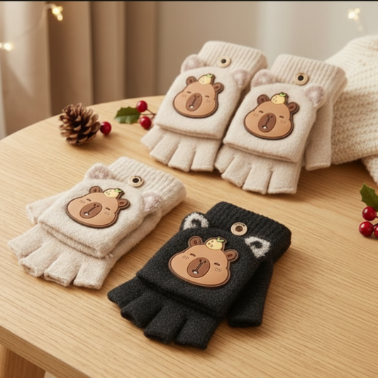 Cute Bear Fingerless Gloves | Beige Knitted Winter Mittens | Half-Finger Style.