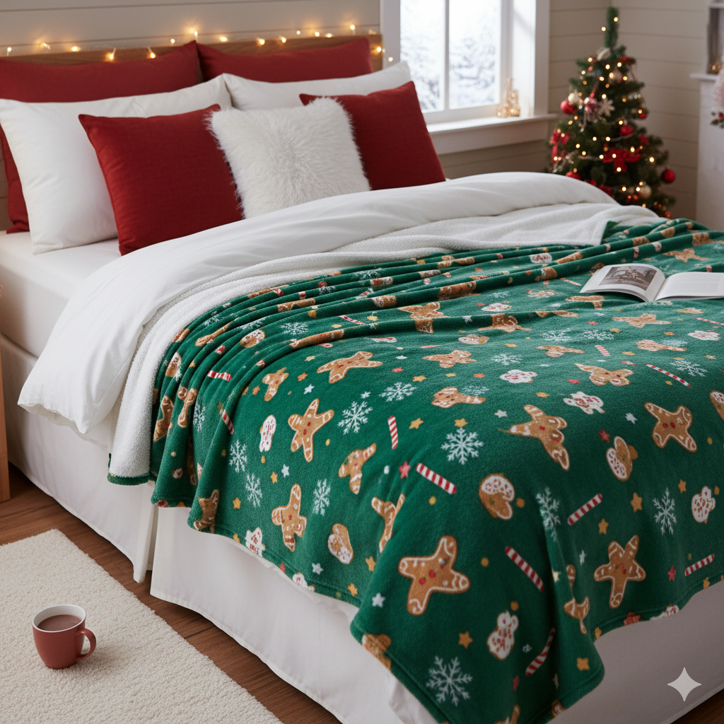 KATTY MAO My First Best Friend Ultra-Soft Christmas Throw Blanket, Green with Gingerbread Pattern, 80x58 Inches, Foldable Holiday Fleece Blanket for Bed, Couch, Travel