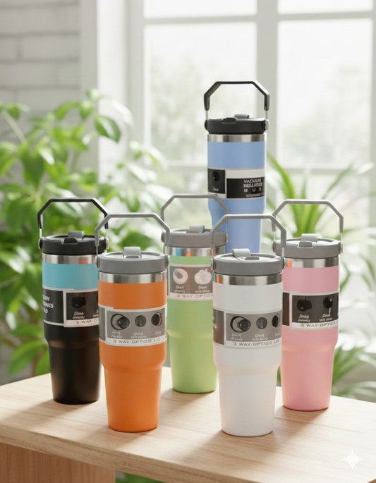 900ML |Vacuum Insulated  |Travel Mug| Portable Tumbler with 3-Way Option| Lid and Integrated Carry Handle.