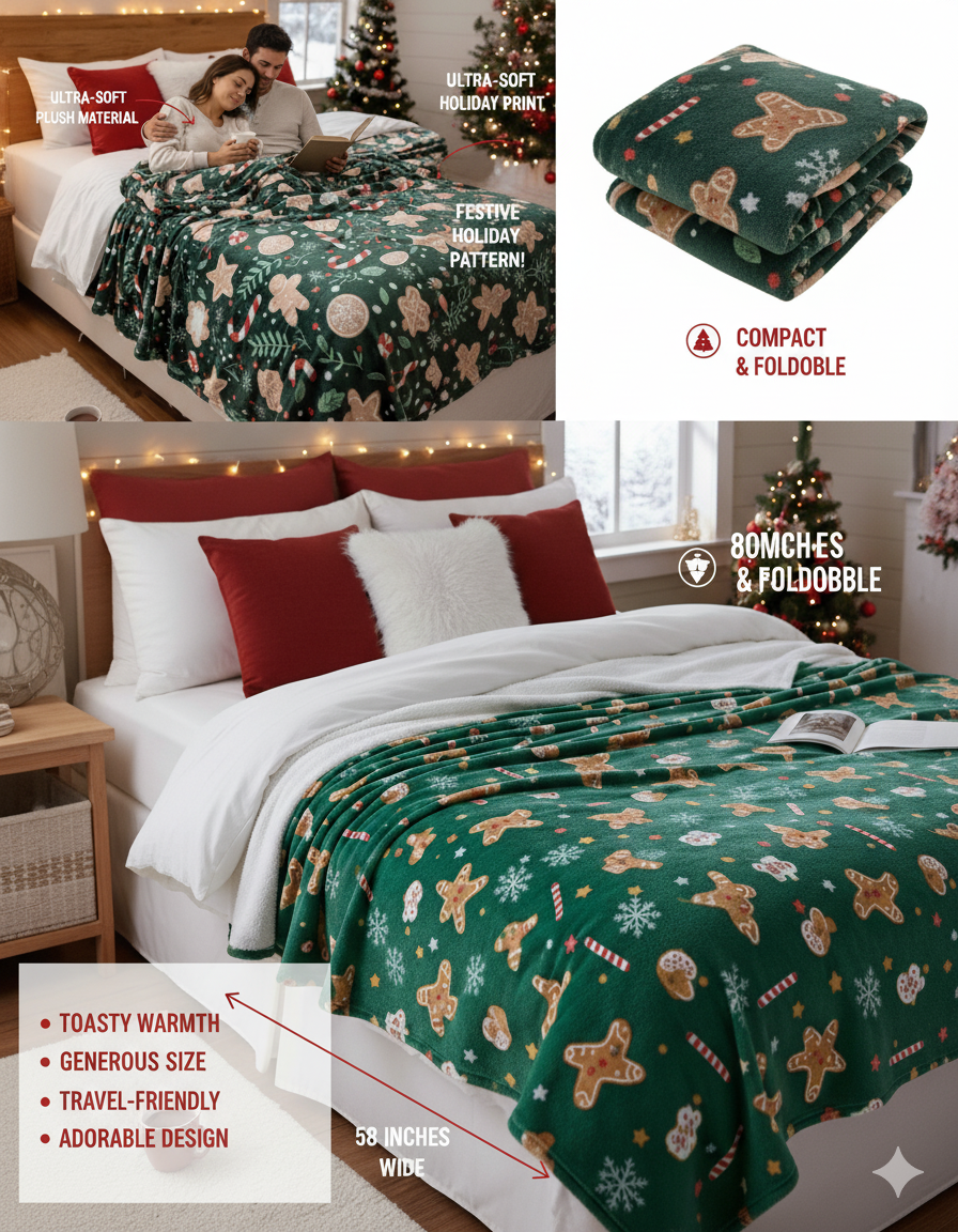 KATTY MAO My First Best Friend Ultra-Soft Christmas Throw Blanket, Green with Gingerbread Pattern, 80x58 Inches, Foldable Holiday Fleece Blanket for Bed, Couch, Travel
