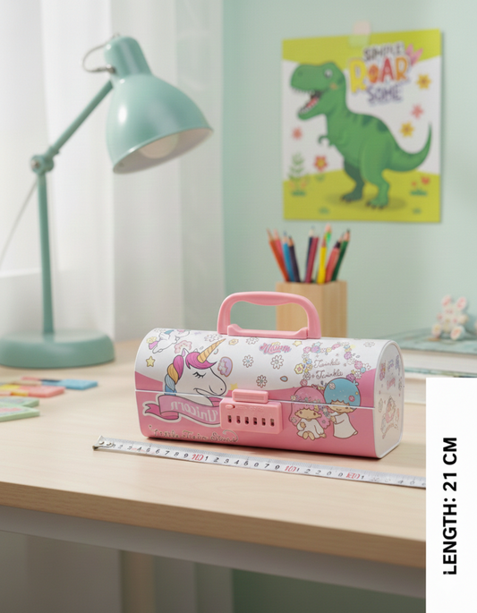 Cute designs |Printed Kids Pencil Box| Handle | Number Lock | Durable Multipurpose Organizer for Pens.