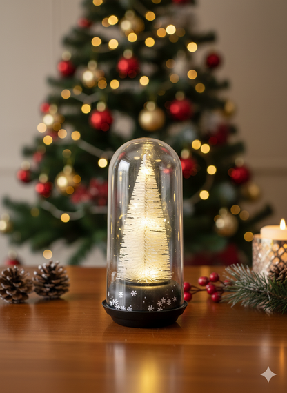 Christmas Snow Globe with White Pine Tree, Glass Dome Display, Black Base with Snowflake Pattern, Winter Holiday Decor
