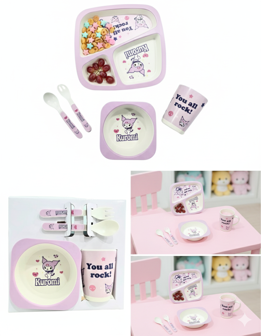 Kuromi Kids Dinnerware | Feeding Set | 5-Piece | BPA-Free | Bamboo  Meal Set