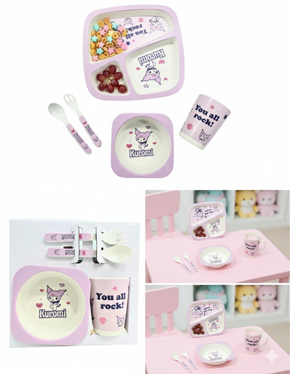 Kuromi Kids Dinnerware | Feeding Set | 5-Piece | BPA-Free | Bamboo  Meal Set